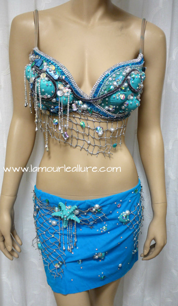 Blue Turquoise Glitter Mermaid Top Bra Gold Chain Halloween