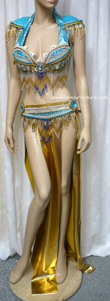 Turquoise and Gold Belly Dancer Beaded Bra and Skirt