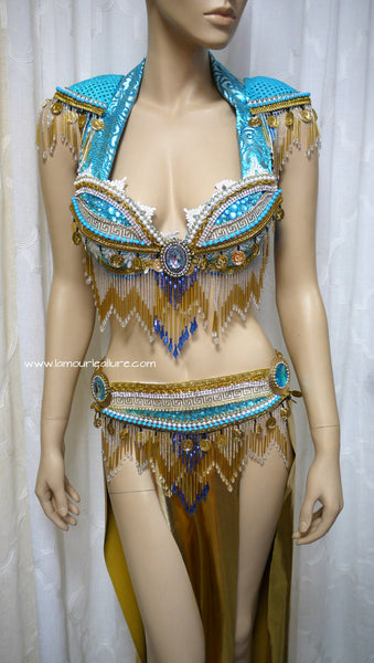 Turquoise and Gold Belly Dancer Beaded Bra and Skirt