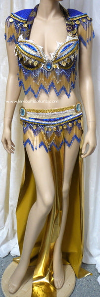 Electric Blue and Gold Belly Dancer Beaded Bra and Skirt
