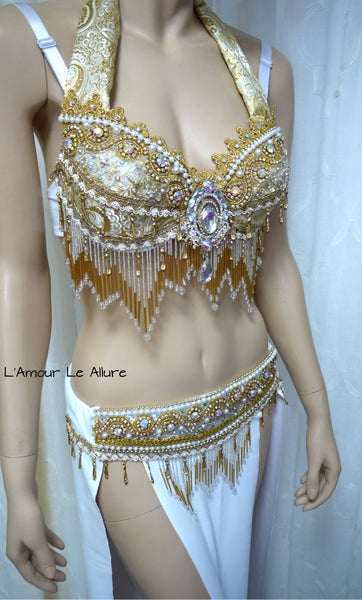 White and Gold Eevee Gypsy Belly Dancer Rave Bra and Skirt