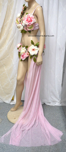 Two Piece Petal Pink Rose Fairy Gown with Train Costume