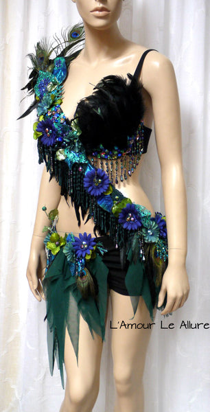 Floral Peacock Fairy Monokini Costume Rave Bra and Bottom