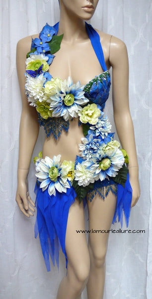 Green and Blue Spring Fairy Monokini Dance Costume Rave Bra Halloween