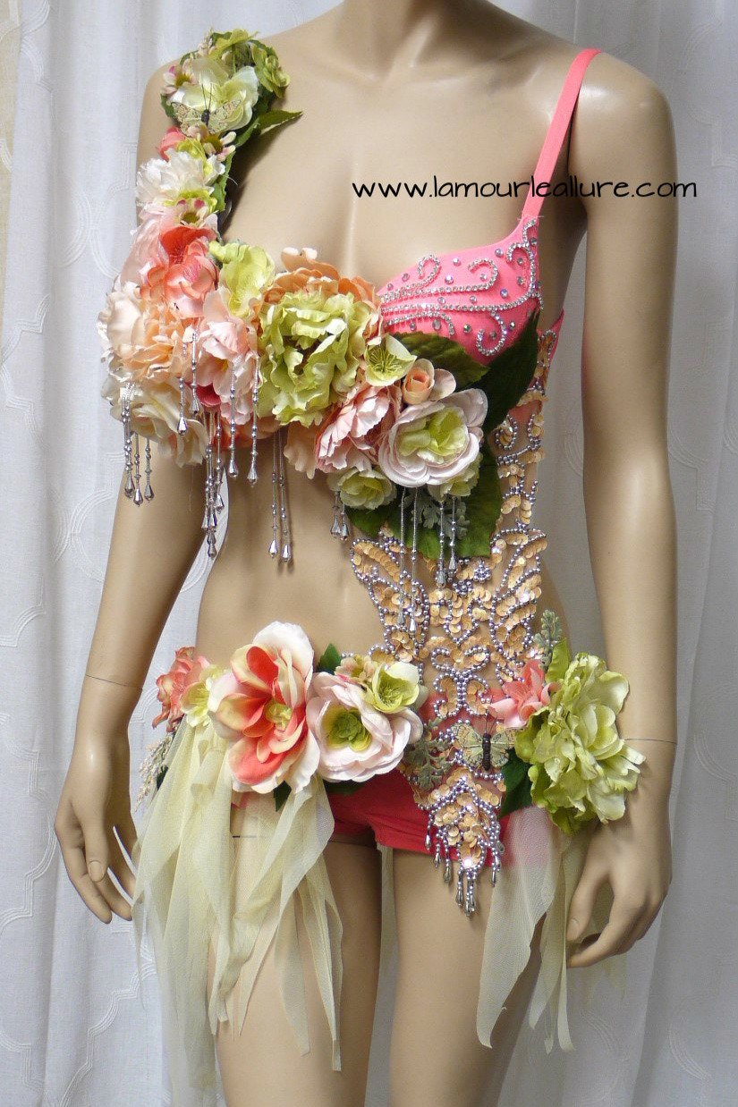 Sweet as a  Peach Cream Spring Fairy Monokini Bra and Cream Skirt Cosplay Costume