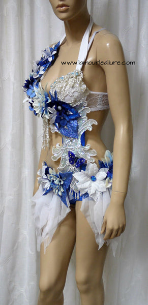 Blue and White Winter Water Fairy Monokini Bra and Shorts Costume