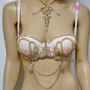 Pastel Pink Glitter Gold Iridescent Mermaid Dance Costume Rave Bra