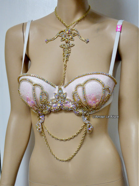 Pastel Pink Glitter Gold Iridescent Mermaid Dance Costume Rave Bra