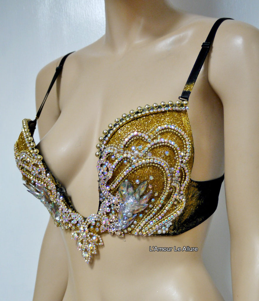 AB Iridescent Gold Glitter Mermaid Plunge Bra Siren Costume – L
