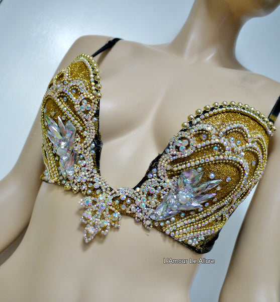 AB Iridescent Gold Glitter Mermaid Plunge Bra Siren Costume
