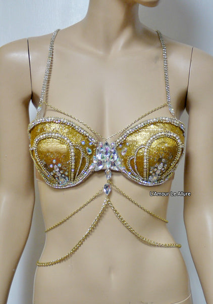 AB Iridescent Gold Glitter Mermaid  Rave Bra Siren Costume