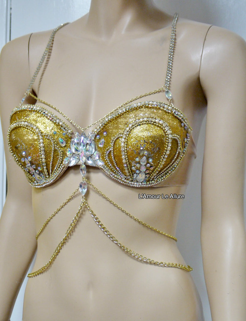 AB Iridescent Gold Glitter Plunge Mermaid Bra Cosplay Dance