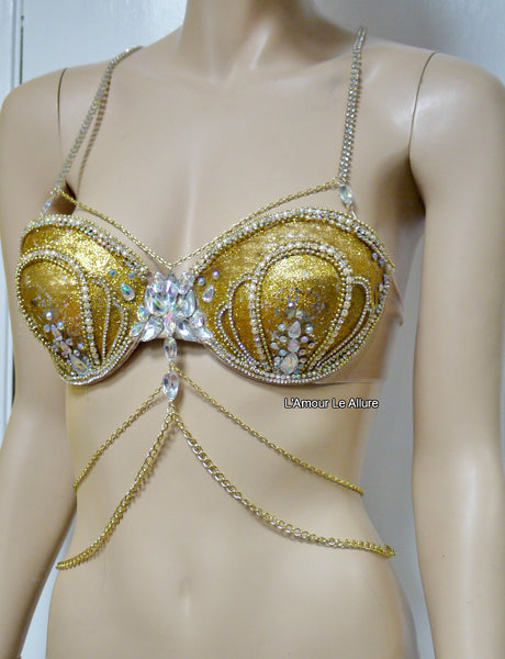 AB Iridescent Gold Glitter Mermaid  Rave Bra Siren Costume