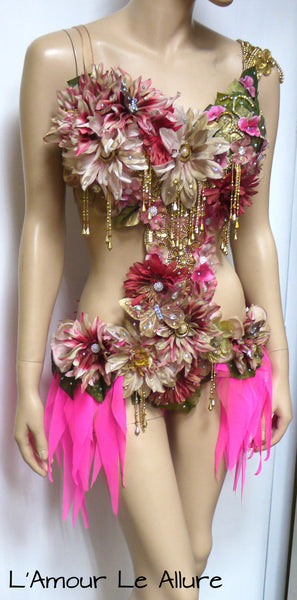 Golden Spring Forest Fairy Goddess With Pink Skirt Dance Costume Rave Bra Monokini Halloween