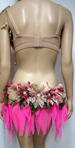 Golden Spring Forest Fairy Goddess With Pink Skirt Dance Costume Rave Bra Monokini Halloween