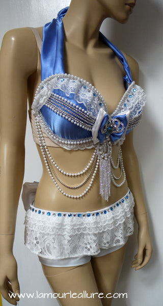 Disney Princess Cinderella Diamond Bra Top and Skirt Costume Cosplay Dance Rave Halloween
