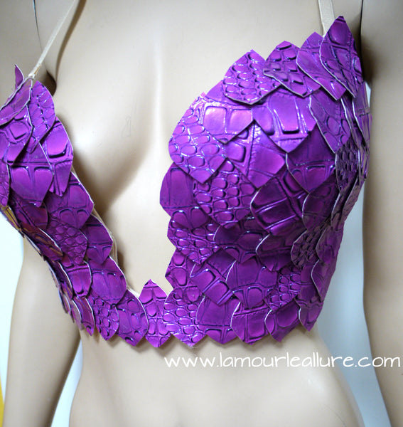 Purple Iridescent Dragon Scale Mermaid Plunge Rave Bra Cosplay Dance Halloween Costume