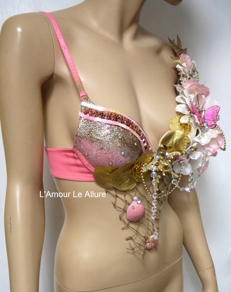 Dripping in Gold Glitter Pink Mermaid Shell Bra Dance Costume Rave Halloween