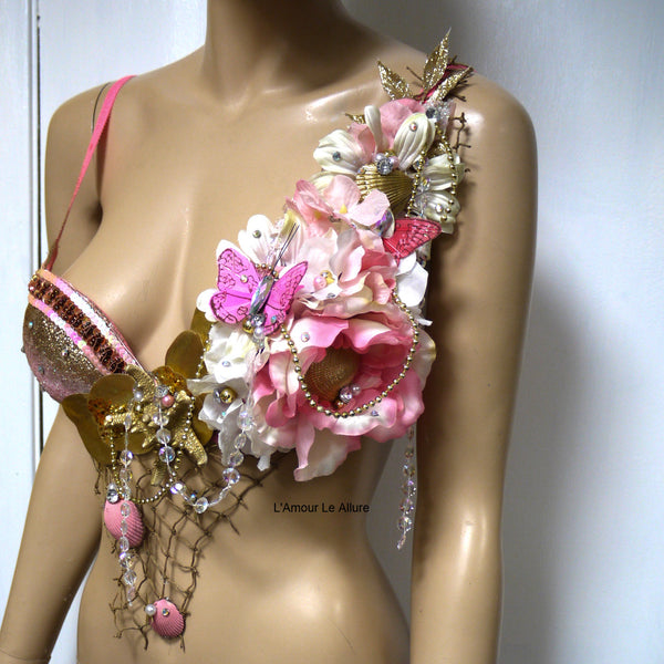 Dripping in Gold Glitter Pink Mermaid Shell Bra Dance Costume Rave Halloween