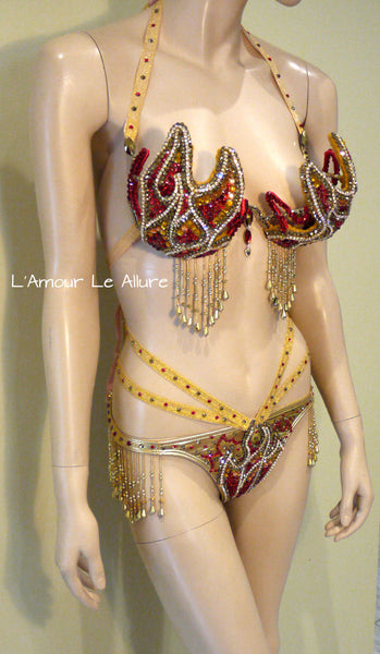 Gold and Red Phoenix Girl On Fire Flame Carnival Samba Top and Bottom Dance Cage Rave