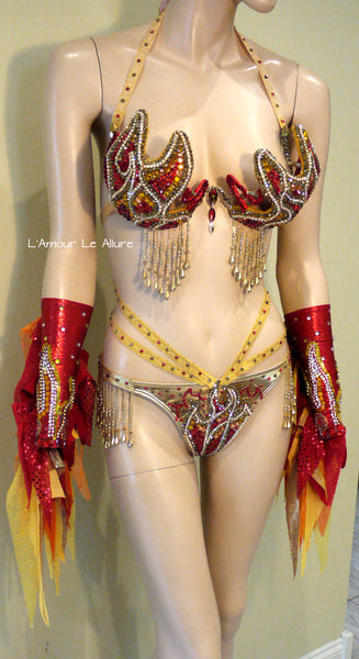 Gold and Red Phoenix Girl On Fire Flame Carnival Samba Rave Top and Bottom with Arm Bands Dance