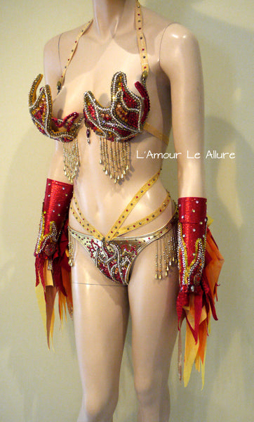 Gold and Red Phoenix Girl On Fire Flame Carnival Samba Rave Top and Bottom with Arm Bands Dance