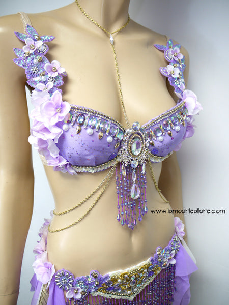 Lavender Purple Gypsy Forest Fairy Dance Rave Bra and Skirt Halloween Costume