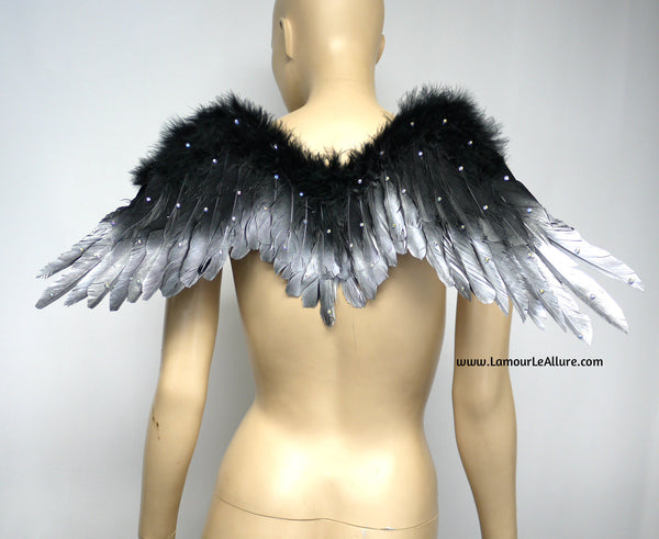 Small Black and Silver Angel Wings with Rhinestones Dance Costume Rave Halloween