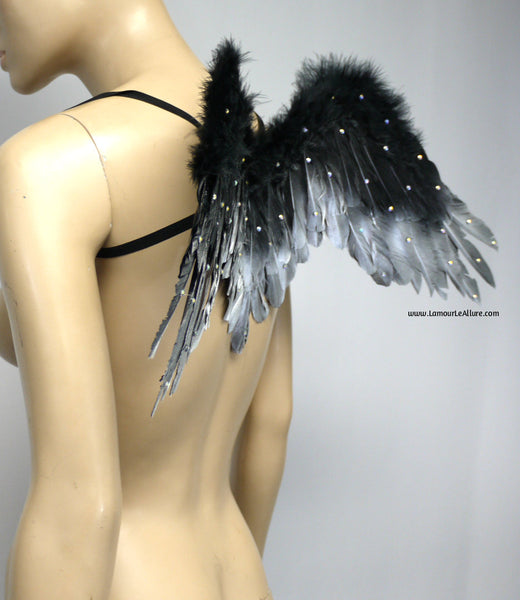 Small Black and Silver Angel Wings with Rhinestones Dance Costume Rave Halloween