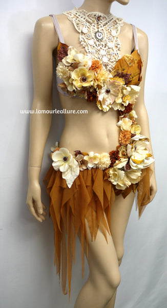 Bronze Copper Victorian Lace Fairy Monokini Bra and Shorts Costume
