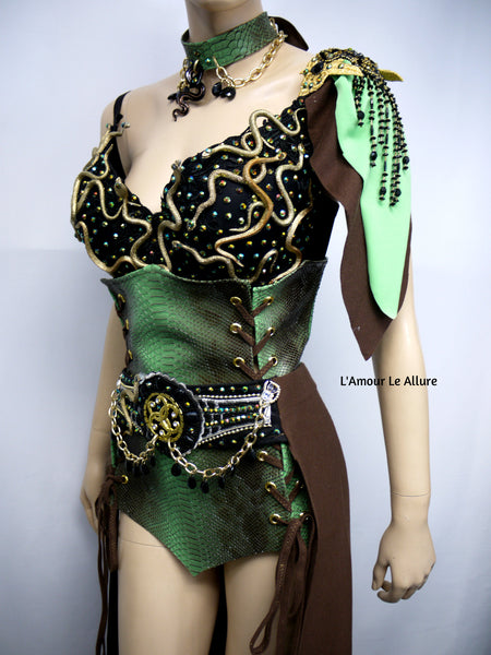 Medusa Snake Charmer Greek Goddess Necklace Bra Corset and Skirt Costume