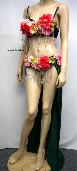 Two Piece Pink and Green Rose Fairy Gown with Train Costume