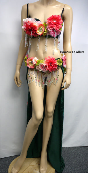 Two Piece Pink and Green Rose Fairy Gown with Train Costume