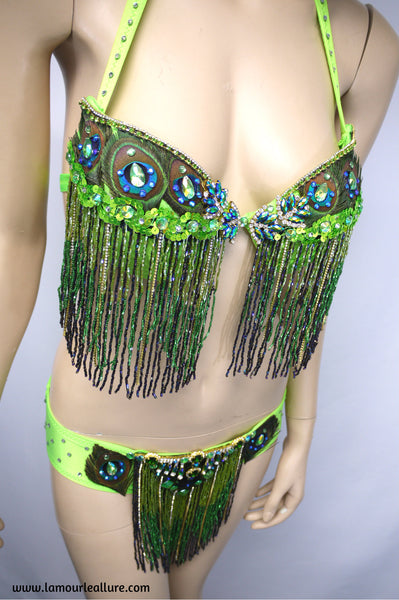 Neon Peacock Feather Beaded Bikini Dance Costume Halloween Show Girl