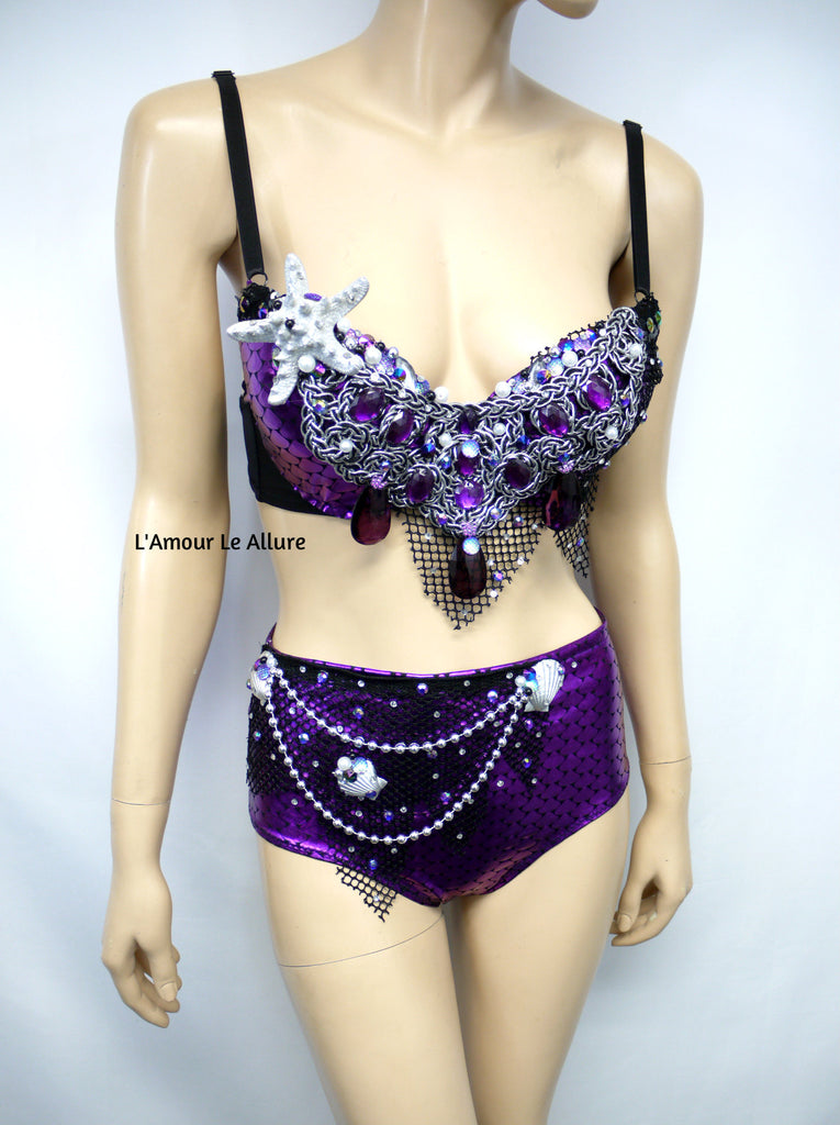 Dark Purple Scale Siren Mermaid Bra and High Waisted Scunchie Bottom –  L'Amour Le Allure