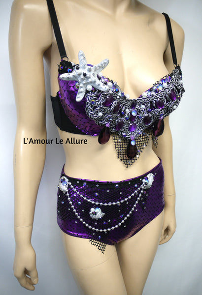 Dark Purple Scale Siren Mermaid Bra and High Waisted Scunchie Bottom