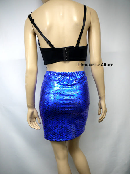 Dark Blue Scale Siren Mermaid Bra and High Waisted Spandex Skirt