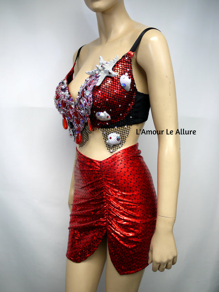 Dark Red Scale Siren Mermaid Bra and High Waisted Spandex Skirt