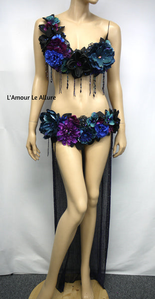Two Piece Dark Midnight Rose Fairy Gown with Train Costume Belly Dancer
