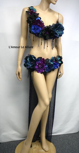 Two Piece Dark Midnight Rose Fairy Gown with Train Costume Belly Dancer