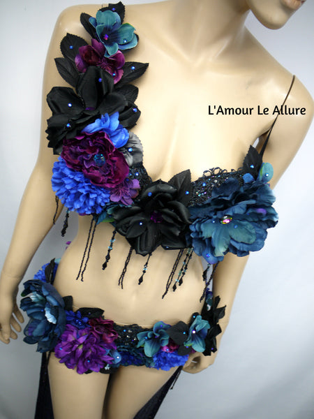 Two Piece Dark Midnight Rose Fairy Gown with Train Costume Belly Dancer