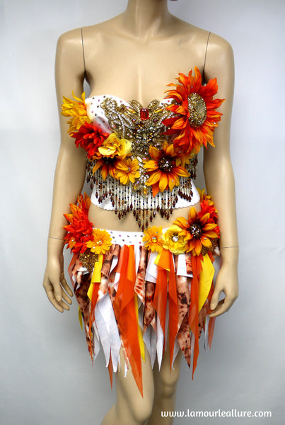 Two Piece Sun Flower Autumn Fall Fairy Bustier Corset and Skirt Costume