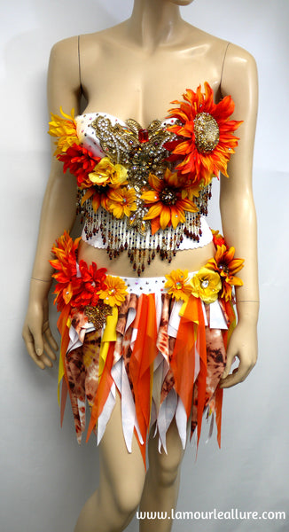 Two Piece Sun Flower Autumn Fall Fairy Bustier Corset and Skirt Costume