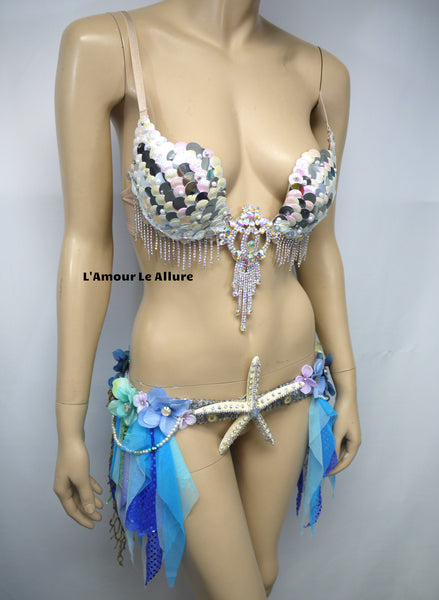 Iridescent White Sequin Scale Mermaid Plunge with Garter Belt Skirt