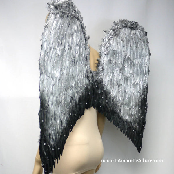Extra Large Silver Black Tip Fallen Angel Wings Cosplay Dance Costume Rave Samba Halloween Burlesque Show Girl