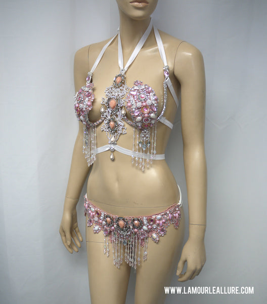 Ready to Ship 32/34 B/C - Pale Pink Rhinestone Samba Carnival theme Bikini Dance Fitness Comp Rave