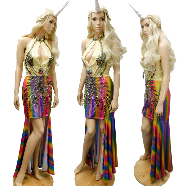 Sparkling Rainbow Unicorn Gown with Rhinestones Dress Inspired By Lady Rainicorn From Adventure Time