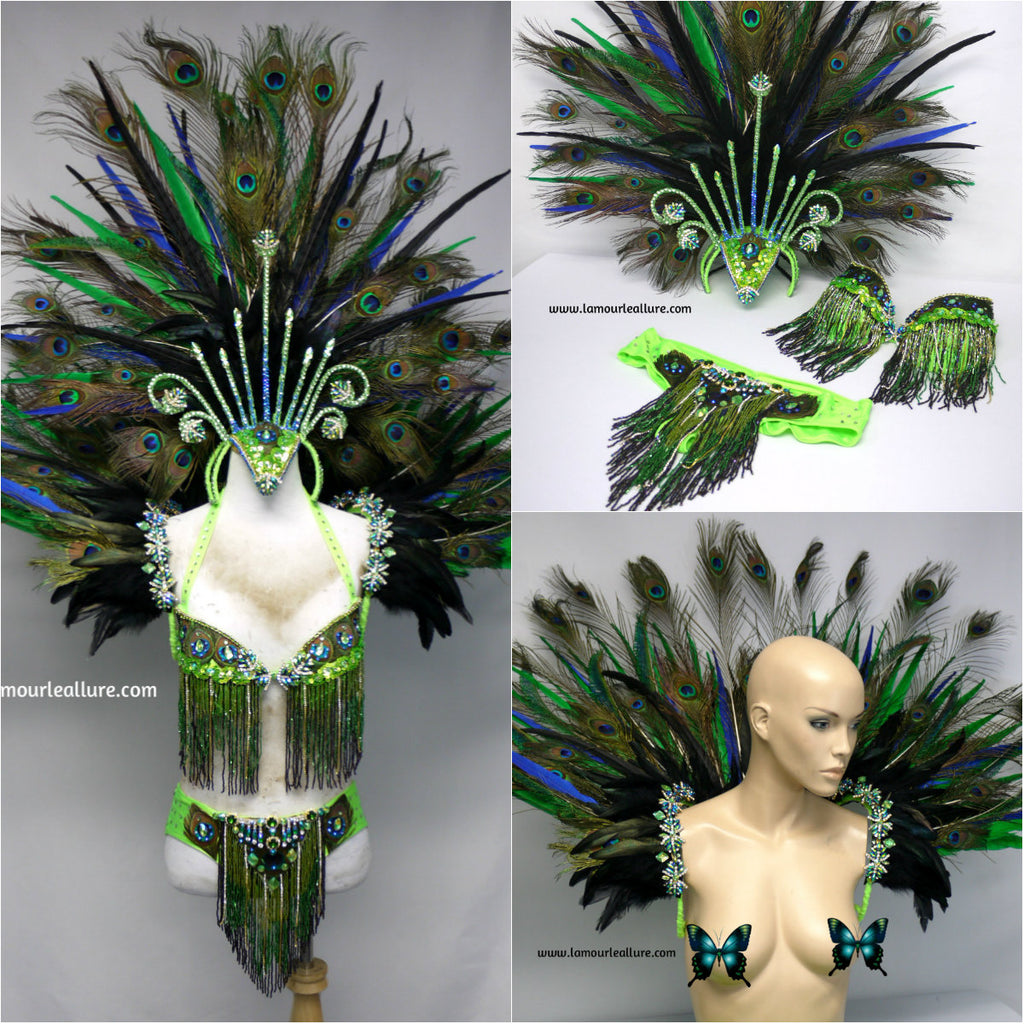 Neon Peacock Feather Beaded Samba Bikini Dance Costume With Headdress ...