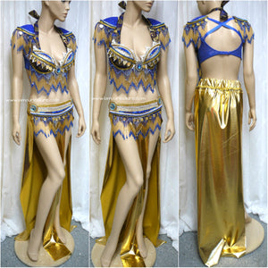 Electric Blue and Gold Belly Dancer Beaded Bra and Skirt
