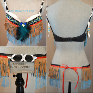 Tan Turquoise Tribal Fringe Feather Native indian Bra and Skirt